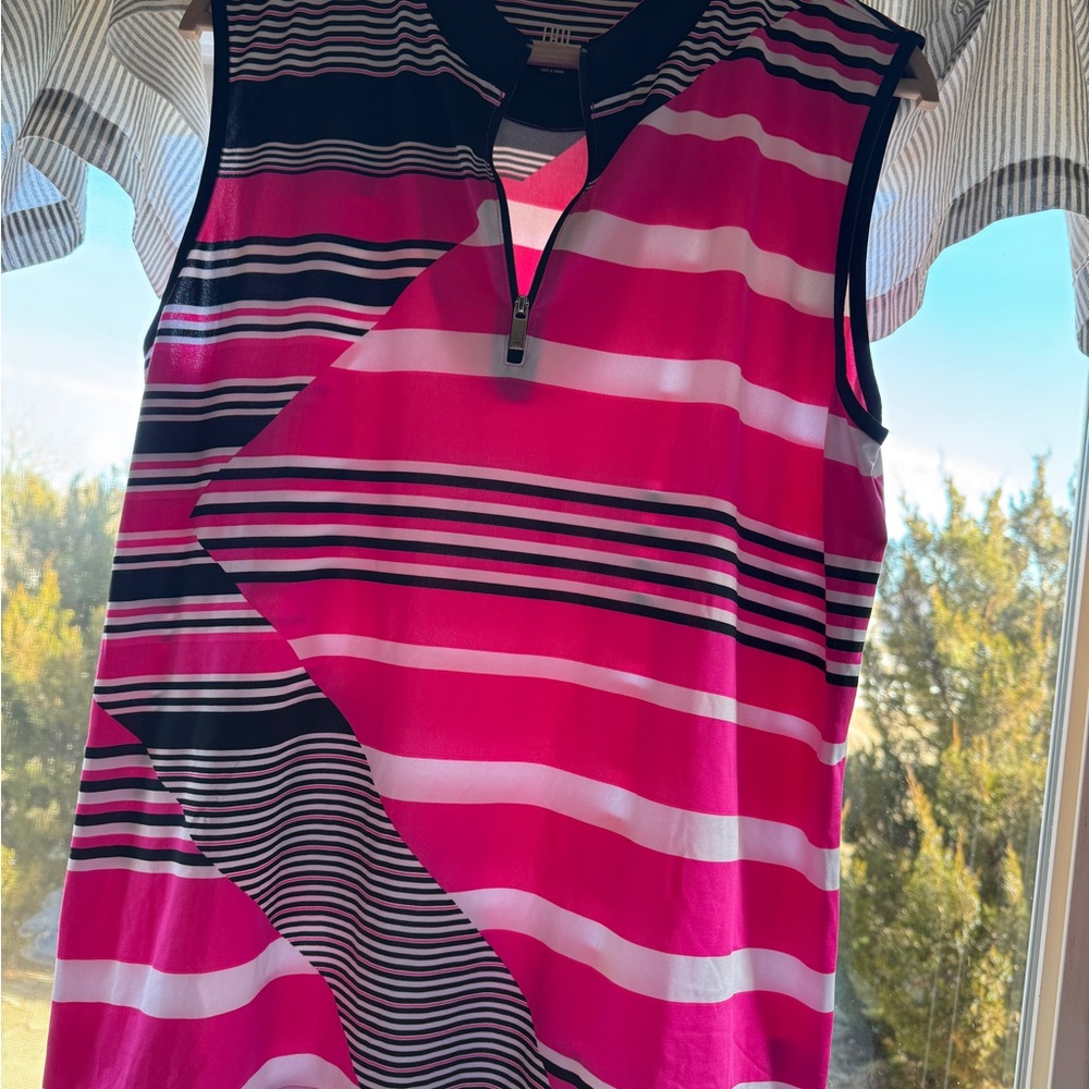 Tail Pink, Black & White Striped Zip-Front Tank Top